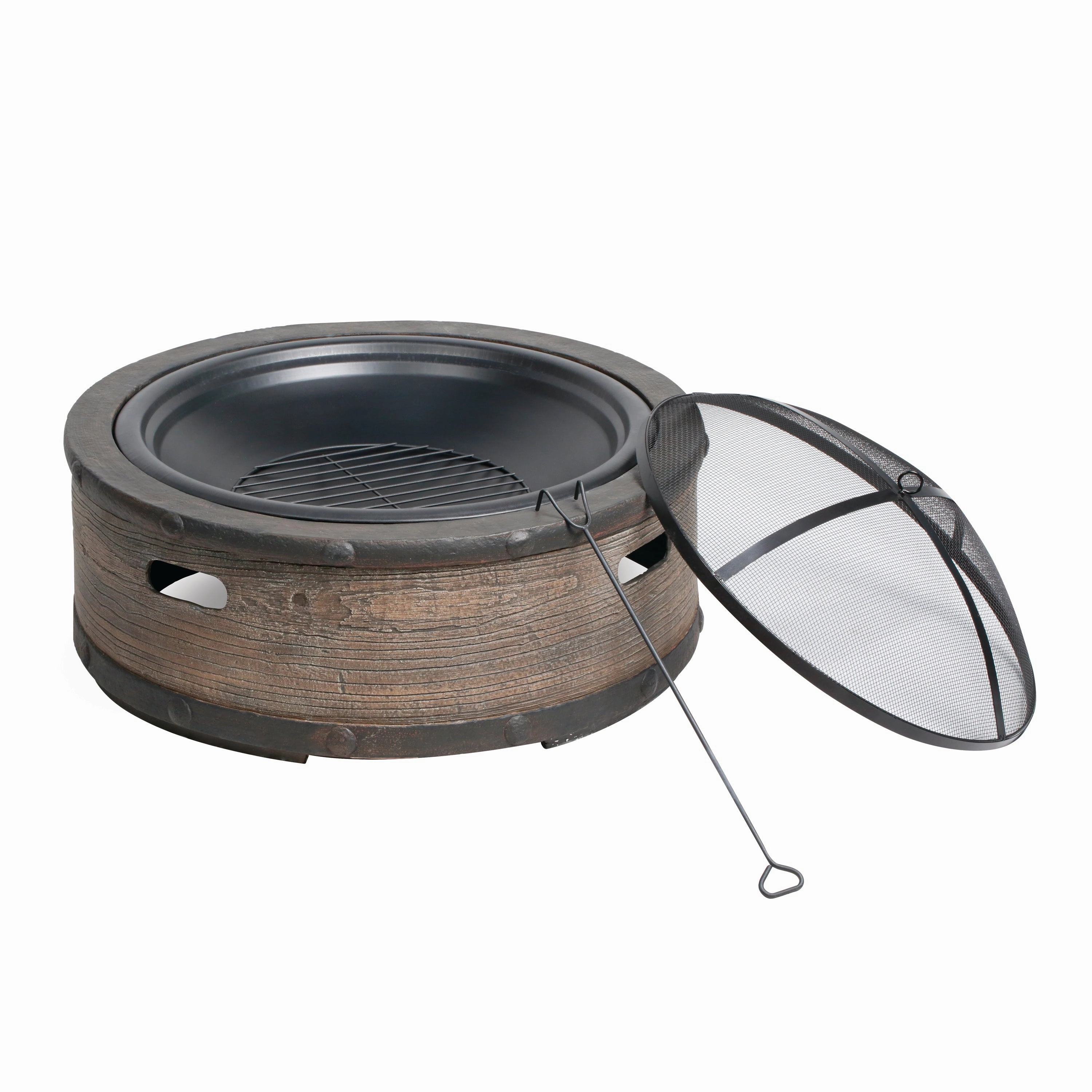 Sun Joe SJFP35-STN-BRL 35-in. Cast Stone Base. Wood Burning Fire Pit w/Dome Screen and Poker. Rustic Barrel