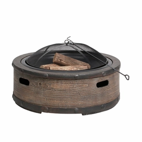 Sun Joe SJFP35-STN-BRL 35-in. Cast Stone Base. Wood Burning Fire Pit w/Dome Screen and Poker. Rustic Barrel