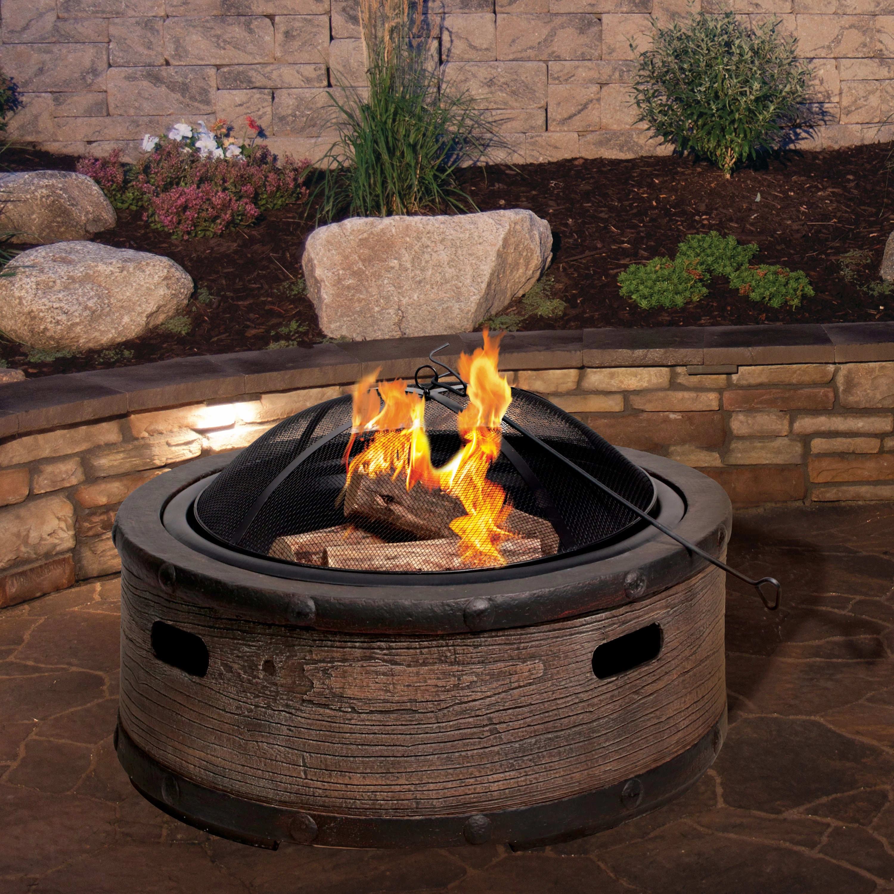 Sun Joe SJFP35-STN-BRL 35-in. Cast Stone Base. Wood Burning Fire Pit w/Dome Screen and Poker. Rustic Barrel