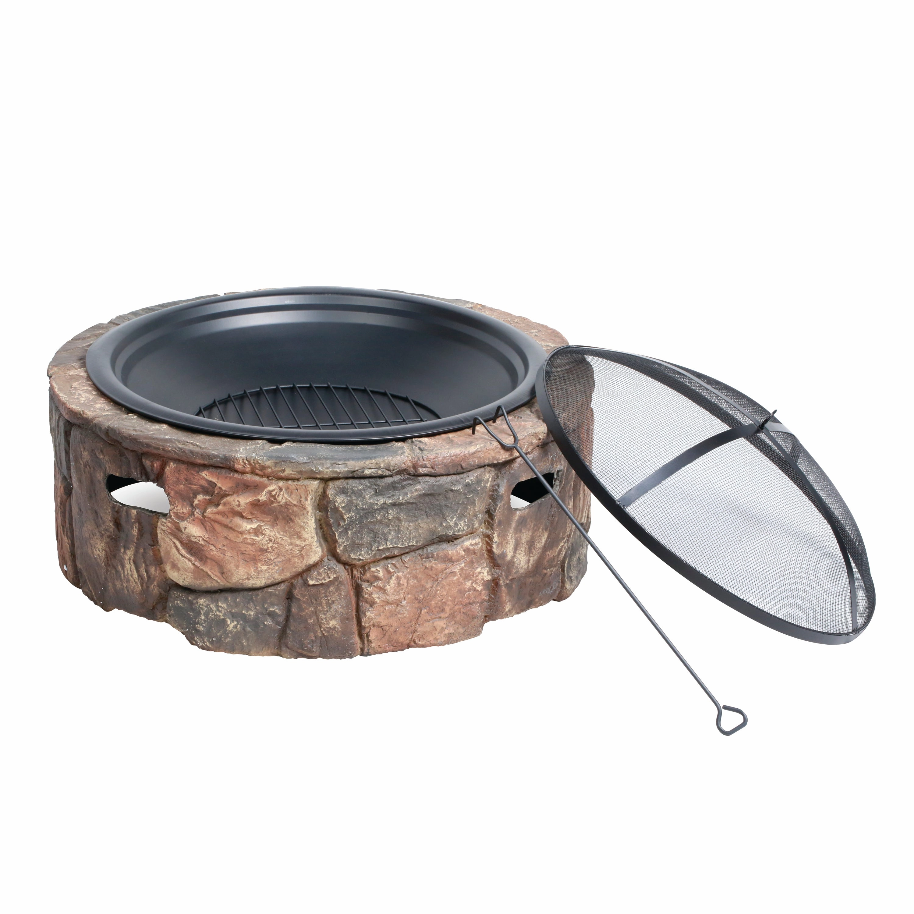 Sun Joe SJFP35-STN-LSN 35-in. Cast Stone Base. Wood Burning Fire Pit w/Dome Screen and Poker. Large Stone