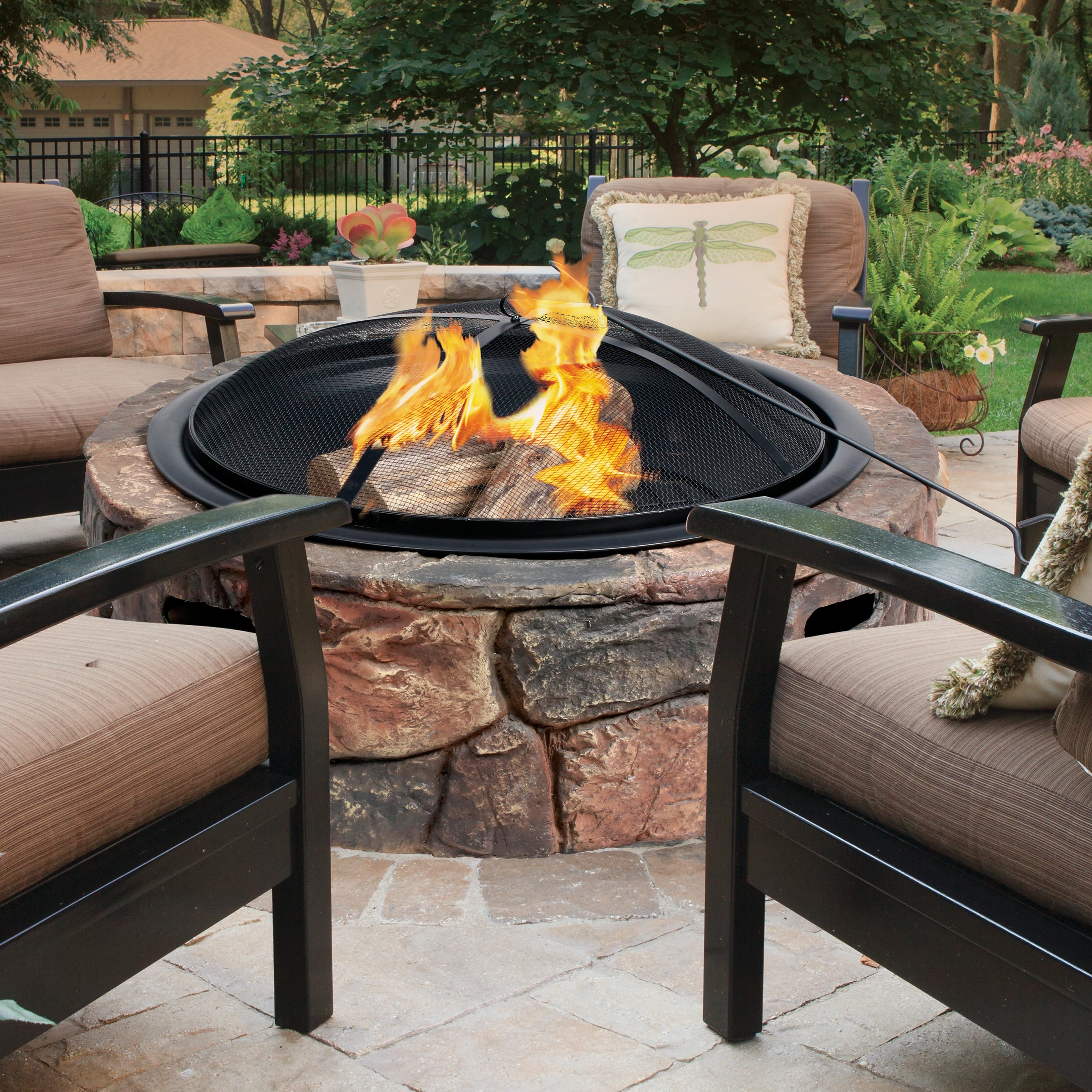 Sun Joe SJFP35-STN-LSN 35-in. Cast Stone Base. Wood Burning Fire Pit w/Dome Screen and Poker. Large Stone
