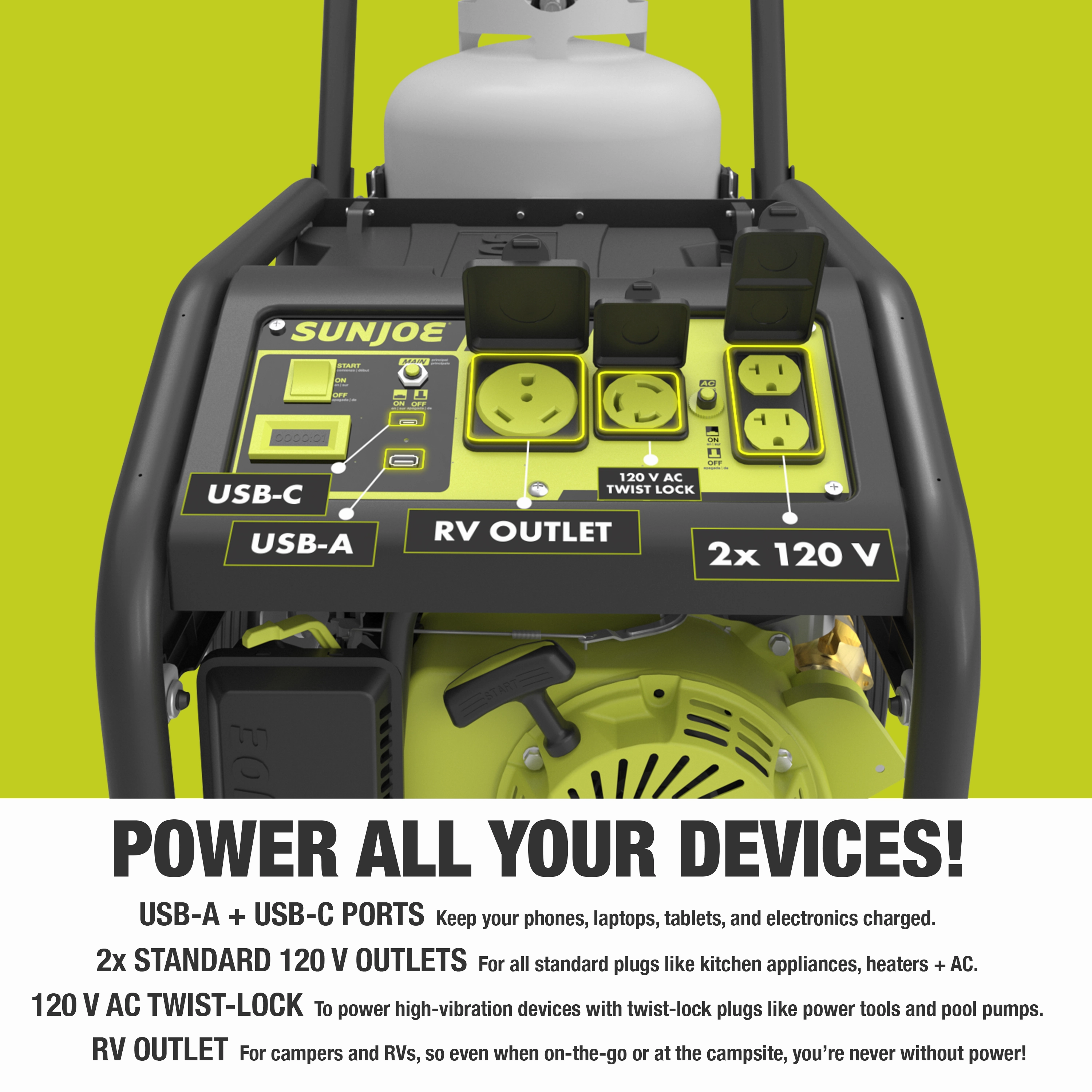 Sun Joe SJG4100LP Portable Propane Generator | Push-Button Electric   Recoil Start | Power Cooling System | 4100 Starting Watt | 3300 Running Watt | W/ 24V 2.0-Ah Battery and Charger