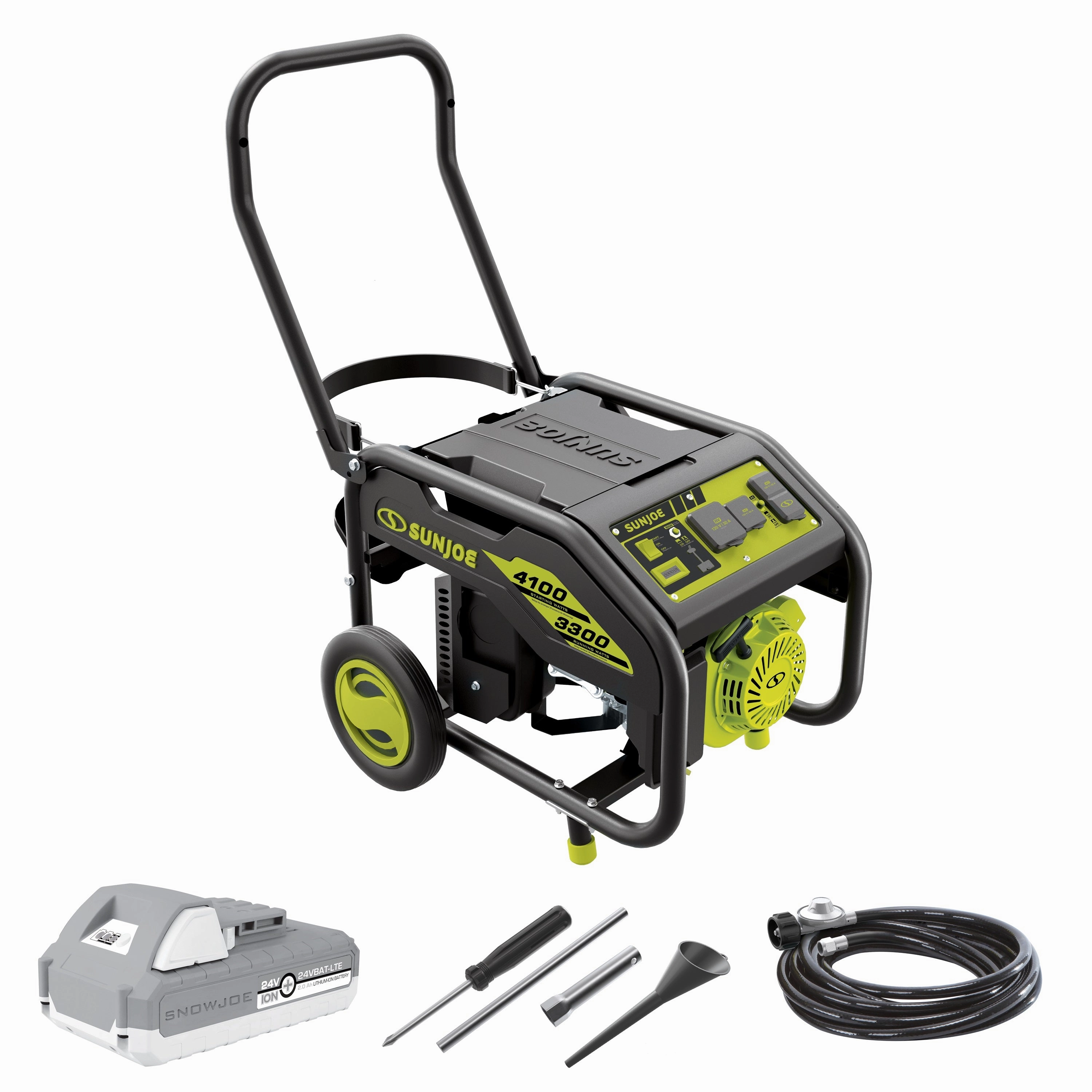 Sun Joe SJG4100LP Portable Propane Generator | Push-Button Electric   Recoil Start | Power Cooling System | 4100 Starting Watt | 3300 Running Watt | W/ 24V 2.0-Ah Battery and Charger